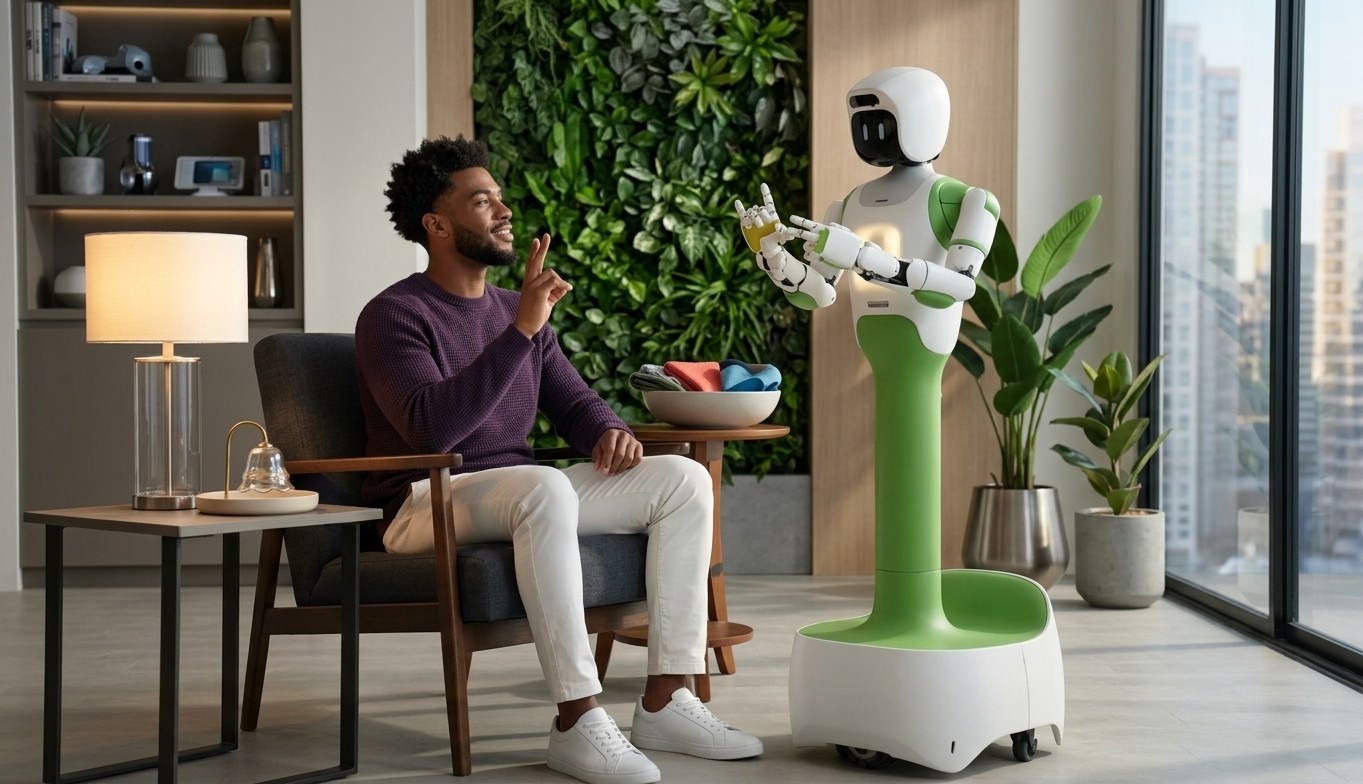 KOKO, a white and green home robot on a wheeled base, raises both hands to form a sign with its jointed fingers. A smiling man in a purple sweater, seated in an armchair in a bright, plant-filled apartment, signs back to it.
